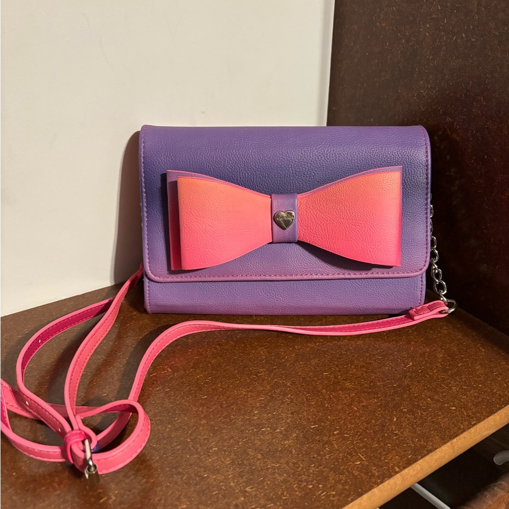Betsey Johnson Purple and Pink Crossbody Bag with Bow Accent
